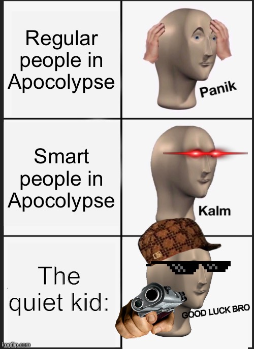 Hehe quiet kid must be watched | Regular people in Apocolypse; Smart people in Apocolypse; The quiet kid:; GOOD LUCK BRO | image tagged in memes,panik kalm panik,quiet kid | made w/ Imgflip meme maker