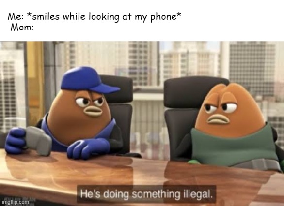 He is doing something illegal |  Mom:; Me: *smiles while looking at my phone* | image tagged in he is doing something illegal | made w/ Imgflip meme maker