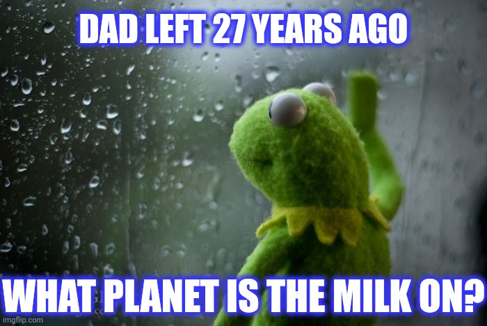 DAD LEFT 27 YEARS AGO WHAT PLANET IS THE MILK ON? | image tagged in kermit window | made w/ Imgflip meme maker