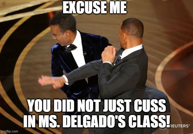 Ms. Delgado | EXCUSE ME; YOU DID NOT JUST CUSS IN MS. DELGADO'S CLASS! | image tagged in will smith punching chris rock | made w/ Imgflip meme maker