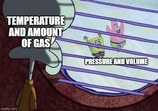 Boyle's Law Meme | TEMPERATURE AND AMOUNT OF GAS; PRESSURE AND VOLUME | image tagged in squidward window | made w/ Imgflip meme maker