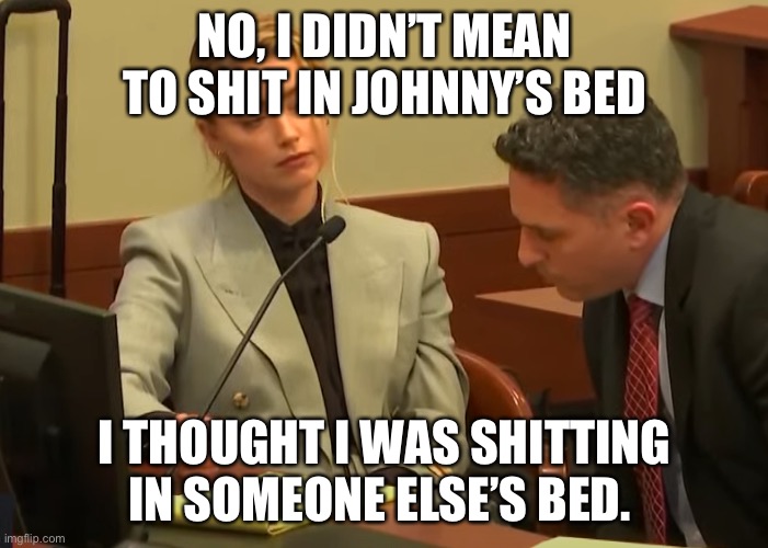Amber Heard abusive | NO, I DIDN’T MEAN TO SHIT IN JOHNNY’S BED; I THOUGHT I WAS SHITTING IN SOMEONE ELSE’S BED. | image tagged in amber heard abusive,amber heard | made w/ Imgflip meme maker