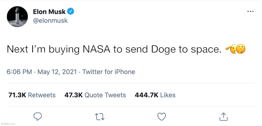 When Elon Musk realizes he can just buy nasa | Next I’m buying NASA to send Doge to space. 🫡🤫 | image tagged in elon musk blank tweet,elon musk twitter,nasa,buy,twitter elon | made w/ Imgflip meme maker