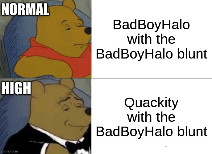 The BadBoyHalo Blunt Hits Different | NORMAL; BadBoyHalo with the BadBoyHalo blunt; HIGH; Quackity with the BadBoyHalo blunt | image tagged in memes,tuxedo winnie the pooh | made w/ Imgflip meme maker