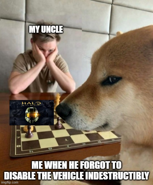 Playing Halo with my uncle be like | MY UNCLE; ME WHEN HE FORGOT TO DISABLE THE VEHICLE INDESTRUCTIBLY | image tagged in chess doge | made w/ Imgflip meme maker