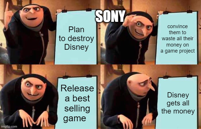 Gru's Plan | SONY; Plan to destroy Disney; convince them to waste all their money on a game project; Release a best selling game; Disney gets all the money | image tagged in memes,gru's plan | made w/ Imgflip meme maker