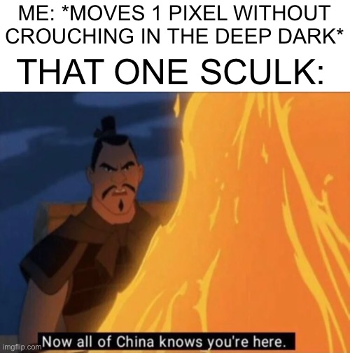 Warden being called by the sculk: so you have chosen death | ME: *MOVES 1 PIXEL WITHOUT CROUCHING IN THE DEEP DARK*; THAT ONE SCULK: | image tagged in now all of china knows you're here | made w/ Imgflip meme maker