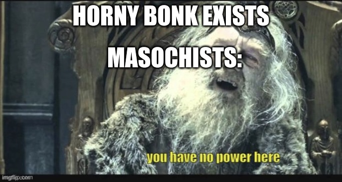 You have no power here yellow caption lowercase | HORNY BONK EXISTS; MASOCHISTS: | image tagged in you have no power here yellow caption lowercase | made w/ Imgflip meme maker