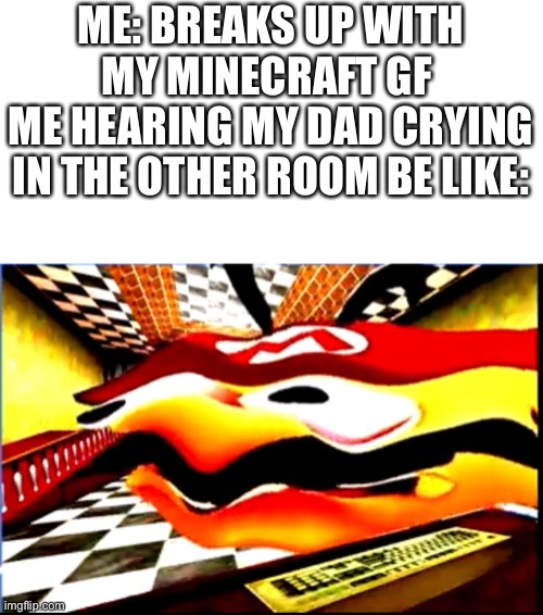 Uh oh | ME: BREAKS UP WITH MY MINECRAFT GF 
ME HEARING MY DAD CRYING IN THE OTHER ROOM BE LIKE: | image tagged in smg4 mario what | made w/ Imgflip meme maker