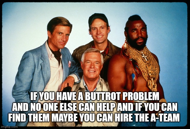 The A Team  | IF YOU HAVE A BUTTROT PROBLEM AND NO ONE ELSE CAN HELP AND IF YOU CAN FIND THEM MAYBE YOU CAN HIRE THE A-TEAM | image tagged in the a team | made w/ Imgflip meme maker