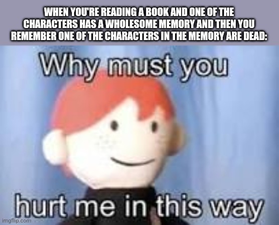 This literally happens in WoF: Flames of Hope  |  WHEN YOU'RE READING A BOOK AND ONE OF THE CHARACTERS HAS A WHOLESOME MEMORY AND THEN YOU REMEMBER ONE OF THE CHARACTERS IN THE MEMORY ARE DEAD: | image tagged in why must you hurt me in this way | made w/ Imgflip meme maker