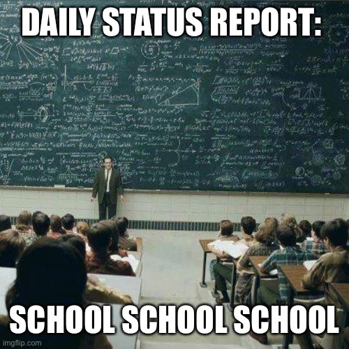 School |  DAILY STATUS REPORT:; SCHOOL SCHOOL SCHOOL | image tagged in school,daily,status,report | made w/ Imgflip meme maker