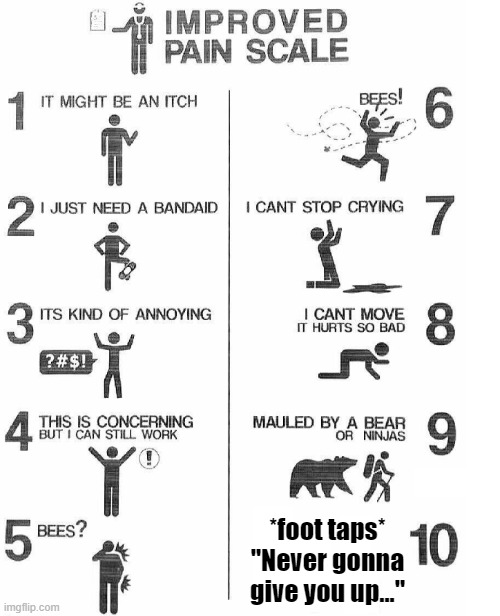 Improved Pain Scale | *foot taps* "Never gonna give you up..." | image tagged in improved pain scale | made w/ Imgflip meme maker