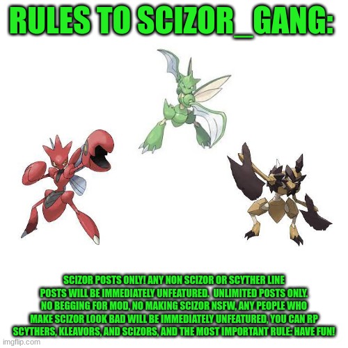 Rules to Scizor_Gang: |  RULES TO SCIZOR_GANG:; SCIZOR POSTS ONLY! ANY NON SCIZOR OR SCYTHER LINE POSTS WILL BE IMMEDIATELY UNFEATURED.  UNLIMITED POSTS ONLY. NO BEGGING FOR MOD, NO MAKING SCIZOR NSFW, ANY PEOPLE WHO MAKE SCIZOR LOOK BAD WILL BE IMMEDIATELY UNFEATURED, YOU CAN RP SCYTHERS, KLEAVORS, AND SCIZORS, AND THE MOST IMPORTANT RULE: HAVE FUN! | image tagged in memes,blank transparent square | made w/ Imgflip meme maker