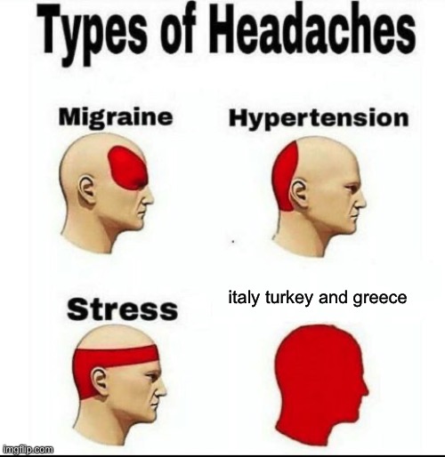 Image Title | italy turkey and greece | image tagged in types of headaches meme,italy turkey and greece,memes,funny | made w/ Imgflip meme maker
