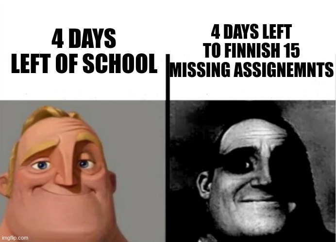 im screwed |  4 DAYS LEFT TO FINNISH 15 MISSING ASSIGNEMNTS; 4 DAYS LEFT OF SCHOOL | image tagged in teacher's copy,school,oh wow are you actually reading these tags,imgflip,doge,idk | made w/ Imgflip meme maker
