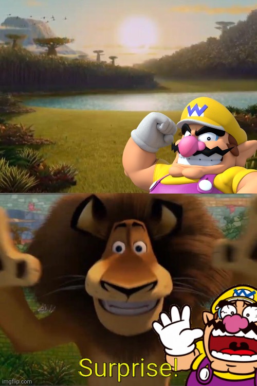 Wario gets jumpscared by Alex and dies.mp3 |  Surprise! | image tagged in wario dies,wario,madagascar,dreamworks,lion,animals | made w/ Imgflip meme maker
