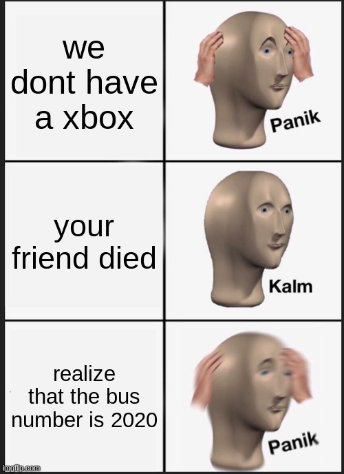 really | we dont have a xbox; your friend died; realize that the bus number is 2020 | image tagged in memes,panik kalm panik | made w/ Imgflip meme maker