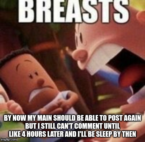 Breasts | BY NOW MY MAIN SHOULD BE ABLE TO POST AGAIN
BUT I STILL CAN'T COMMENT UNTIL LIKE 4 HOURS LATER AND I'LL BE SLEEP BY THEN | image tagged in breasts | made w/ Imgflip meme maker