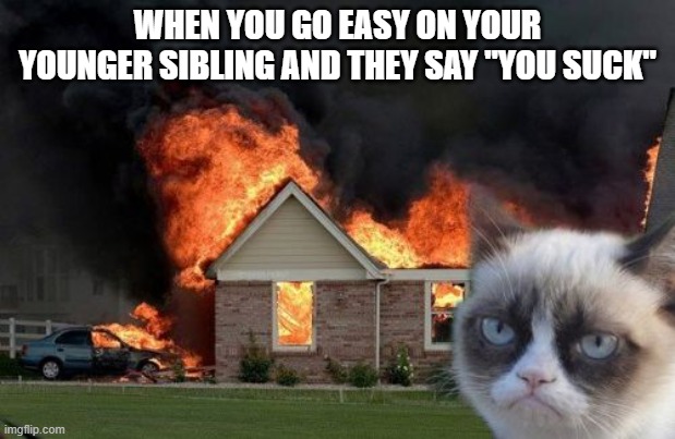 Sibling moment | WHEN YOU GO EASY ON YOUR YOUNGER SIBLING AND THEY SAY "YOU SUCK" | image tagged in memes,burn kitty,grumpy cat | made w/ Imgflip meme maker