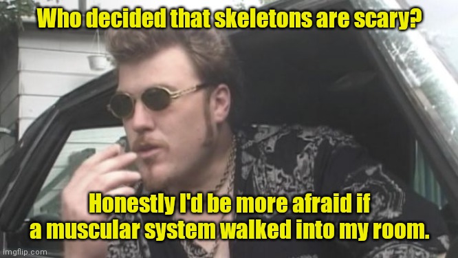 Scary. | Who decided that skeletons are scary? Honestly I'd be more afraid if a muscular system walked into my room. | image tagged in trailer park boys,funny | made w/ Imgflip meme maker