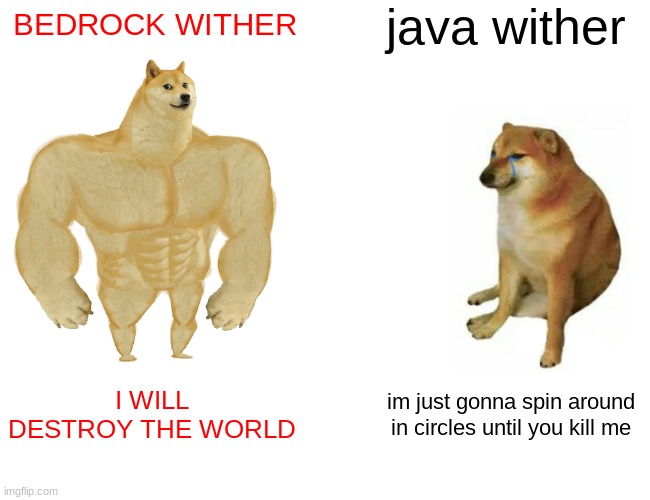 Minecraft | java wither; BEDROCK WITHER; I WILL DESTROY THE WORLD; im just gonna spin around in circles until you kill me | image tagged in buff doge vs cheems | made w/ Imgflip meme maker