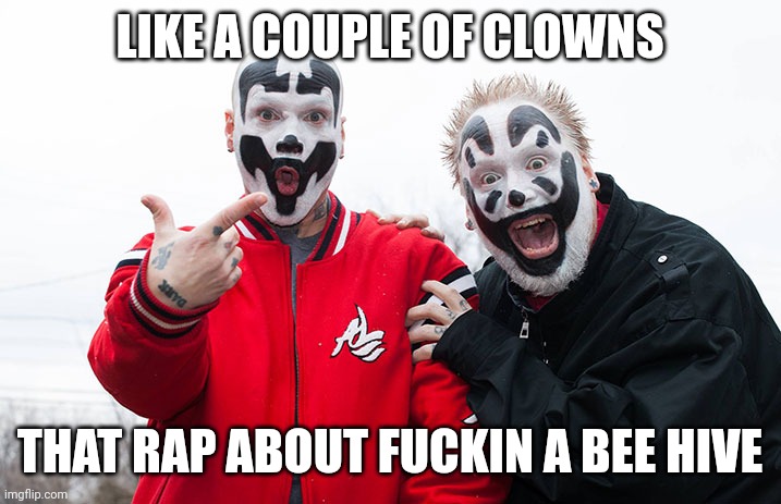 Insane Clown Posse | LIKE A COUPLE OF CLOWNS THAT RAP ABOUT FUCKIN A BEE HIVE | image tagged in insane clown posse | made w/ Imgflip meme maker