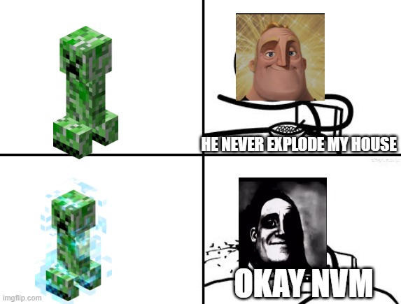 they will never explode my house in minecraft | HE NEVER EXPLODE MY HOUSE; OKAY NVM | image tagged in guy eating cereal | made w/ Imgflip meme maker