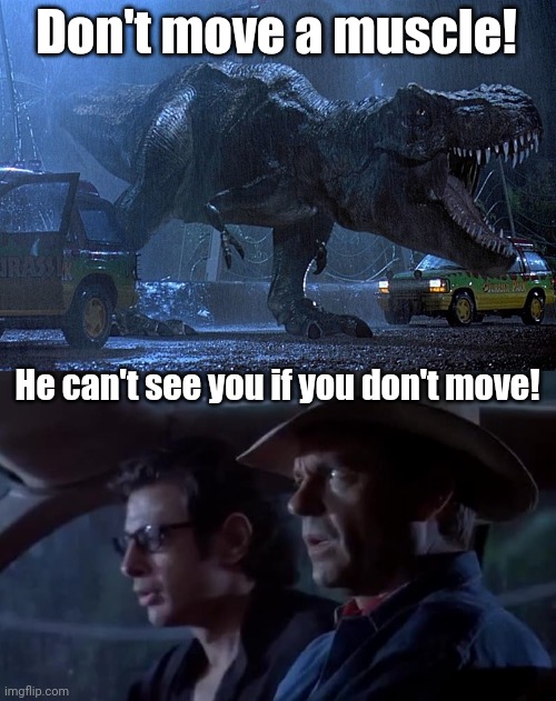 Jurassic park don't move | Don't move a muscle! He can't see you if you don't move! | image tagged in jurassic park don't move | made w/ Imgflip meme maker