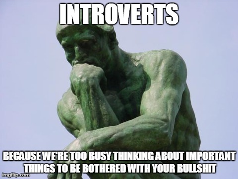 Introverts do it better | INTROVERTS BECAUSE WE'RE TOO BUSY THINKING ABOUT IMPORTANT THINGS TO BE BOTHERED WITH YOUR BULLSHIT | image tagged in funny | made w/ Imgflip meme maker
