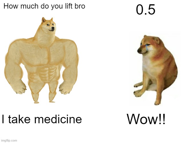 Buff Doge vs. Cheems | How much do you lift bro; 0.5; I take medicine; Wow!! | image tagged in memes,buff doge vs cheems | made w/ Imgflip meme maker