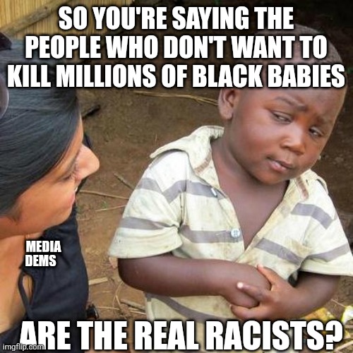 Pro-Lifers are the real racists? | SO YOU'RE SAYING THE PEOPLE WHO DON'T WANT TO KILL MILLIONS OF BLACK BABIES; MEDIA; DEMS; ARE THE REAL RACISTS? | image tagged in memes,third world skeptical kid,abortion is murder,pro-life,pro-choice,supreme court | made w/ Imgflip meme maker