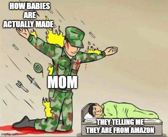 Soldier protecting sleeping child | HOW BABIES ARE ACTUALLY MADE; MOM; THEY TELLING ME THEY ARE FROM AMAZON | image tagged in soldier protecting sleeping child | made w/ Imgflip meme maker