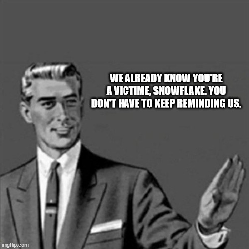 Correction guy | WE ALREADY KNOW YOU'RE A VICTIME, SNOWFLAKE. YOU DON'T HAVE TO KEEP REMINDING US. | image tagged in correction guy | made w/ Imgflip meme maker