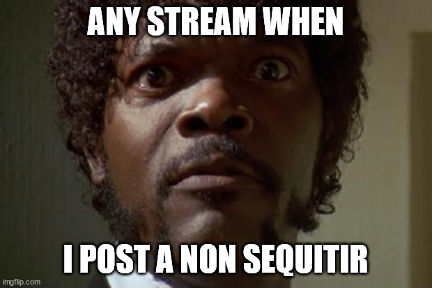 not a repost | ANY STREAM WHEN; I POST A NON SEQUITIR | image tagged in samuel l jackson | made w/ Imgflip meme maker