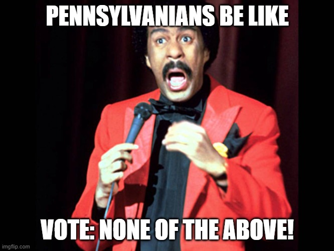 What would Pryor say about the keystone State senate Candidates. | PENNSYLVANIANS BE LIKE; VOTE: NONE OF THE ABOVE! | image tagged in richard pryor,election,primary | made w/ Imgflip meme maker