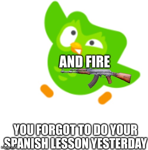 duolingo | AND FIRE; YOU FORGOT TO DO YOUR SPANISH LESSON YESTERDAY | image tagged in duolingo | made w/ Imgflip meme maker