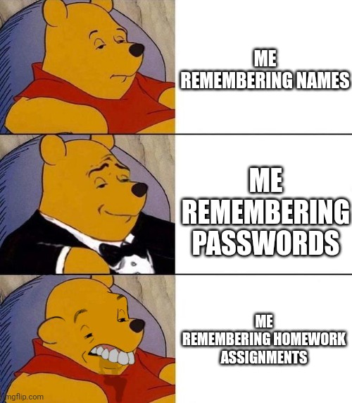 True |  ME REMEMBERING NAMES; ME REMEMBERING PASSWORDS; ME REMEMBERING HOMEWORK ASSIGNMENTS | image tagged in best better blurst | made w/ Imgflip meme maker