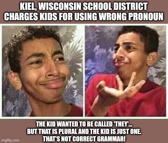 Pronoun Hell... | KIEL, WISCONSIN SCHOOL DISTRICT CHARGES KIDS FOR USING WRONG PRONOUN; THE KID WANTED TO BE CALLED 'THEY'...
BUT THAT IS PLURAL AND THE KID IS JUST ONE.
 THAT'S NOT CORRECT GRAMMAR! | image tagged in confused kid,sexual harassment,idiocy | made w/ Imgflip meme maker