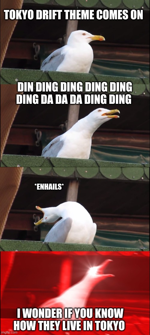 tokyo drift | TOKYO DRIFT THEME COMES ON; DIN DING DING DING DING DING DA DA DA DING DING; *ENHAILS*; I WONDER IF YOU KNOW HOW THEY LIVE IN TOKYO | image tagged in dumb | made w/ Imgflip meme maker