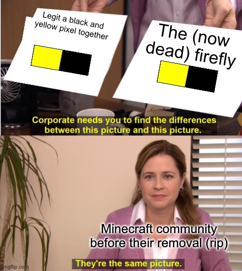 Rip Fireflies… |  Legit a black and yellow pixel together; The (now dead) firefly; Minecraft community before their removal (rip) | image tagged in memes,they're the same picture | made w/ Imgflip meme maker