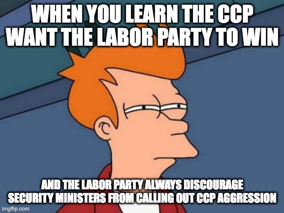 The Australian Labor Party are the CCP's party of choice | WHEN YOU LEARN THE CCP WANT THE LABOR PARTY TO WIN; AND THE LABOR PARTY ALWAYS DISCOURAGE SECURITY MINISTERS FROM CALLING OUT CCP AGGRESSION | image tagged in futurama fry,ccp,meanwhile in australia,china,australia,xi jinping | made w/ Imgflip meme maker