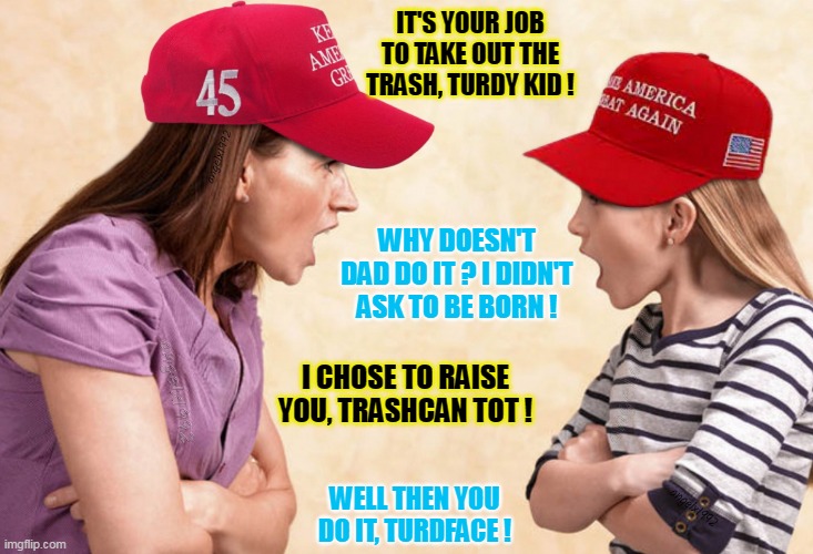 when magat kids didn't chose to be born | IT'S YOUR JOB TO TAKE OUT THE TRASH, TURDY KID ! WHY DOESN'T DAD DO IT ? I DIDN'T ASK TO BE BORN ! I CHOSE TO RAISE YOU, TRASHCAN TOT ! WELL THEN YOU DO IT, TURDFACE ! | image tagged in magats arguing,clown car republicans,chores,trash,qanon cult,abortion | made w/ Imgflip meme maker