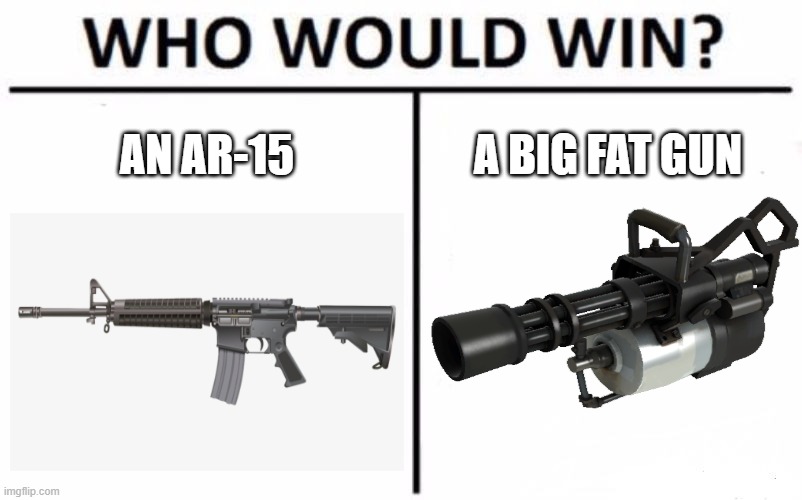 I hate gun shootings! | AN AR-15; A BIG FAT GUN | image tagged in who would win,gun control,mass shooting,tf2,weapon of mass destruction,politics | made w/ Imgflip meme maker