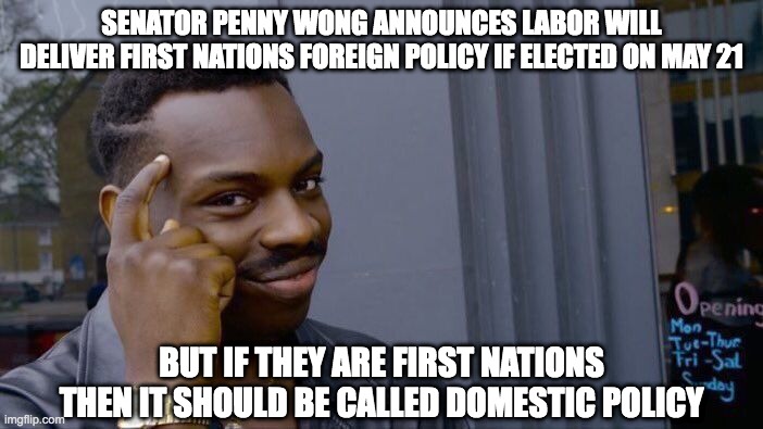 Penny Wrong About Policy |  SENATOR PENNY WONG ANNOUNCES LABOR WILL DELIVER FIRST NATIONS FOREIGN POLICY IF ELECTED ON MAY 21; BUT IF THEY ARE FIRST NATIONS THEN IT SHOULD BE CALLED DOMESTIC POLICY | image tagged in roll safe think about it,meanwhile in australia,australia,labor party,election | made w/ Imgflip meme maker