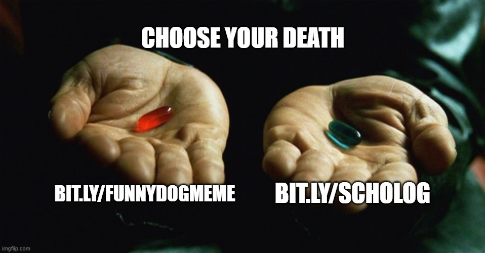 CHOOSE YOUR DEATH | CHOOSE YOUR DEATH; BIT.LY/FUNNYDOGMEME; BIT.LY/SCHOLOG | image tagged in red pill blue pill | made w/ Imgflip meme maker