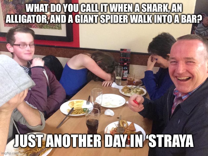 Welcome to ‘Straya, mate! |  WHAT DO YOU CALL IT WHEN A SHARK, AN ALLIGATOR, AND A GIANT SPIDER WALK INTO A BAR? JUST ANOTHER DAY IN ‘STRAYA | image tagged in dad joke meme,australia,spider,shark,alligator,meanwhile in australia | made w/ Imgflip meme maker