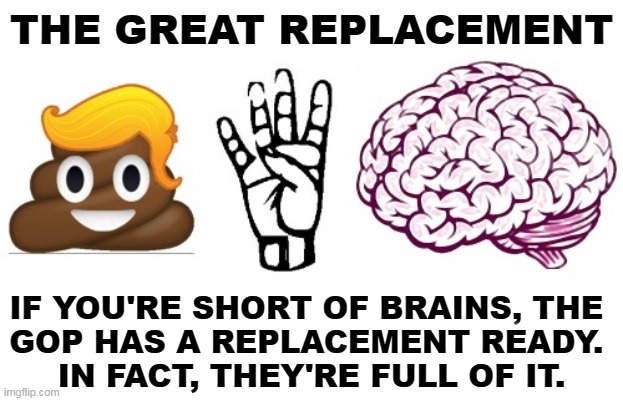 THE GREAT REPLACEMENT; IF YOU'RE SHORT OF BRAINS, THE 
GOP HAS A REPLACEMENT READY. 
IN FACT, THEY'RE FULL OF IT. | image tagged in gop,republicans,white supremacists,stuff,brains | made w/ Imgflip meme maker