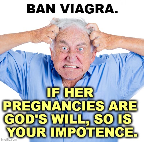 BAN VIAGRA. IF HER 
PREGNANCIES ARE 
GOD'S WILL, SO IS  
YOUR IMPOTENCE. | image tagged in viagra,pregnancy,incompetence | made w/ Imgflip meme maker