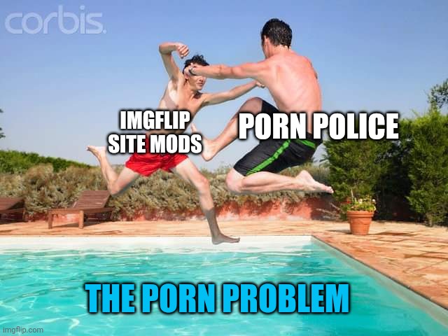 The current situation with PornPolice in a nutshell | PORN POLICE; IMGFLIP SITE MODS; THE PORN PROBLEM | image tagged in two men fighting above the pool | made w/ Imgflip meme maker